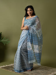 Light & Breezy. Sanganeri Hand Block Printed Kota Doria - Ice Blue Flora