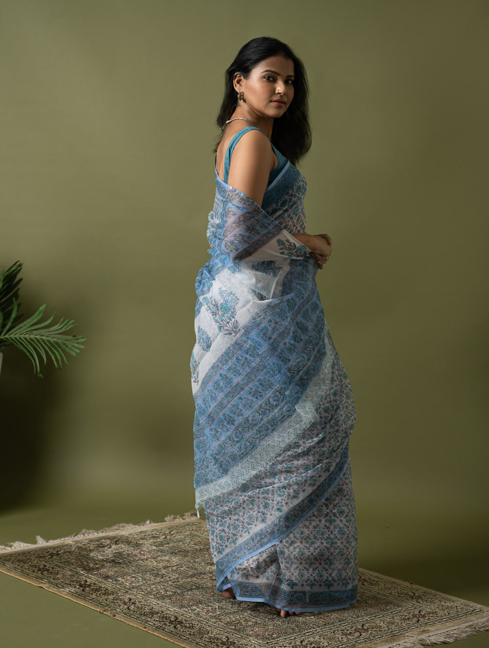Light & Breezy. Sanganeri Hand Block Printed Kota Doria - Ice Blue Flora