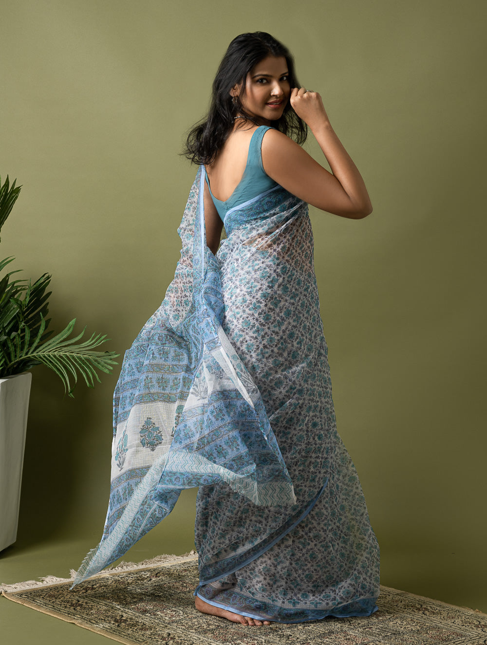 Light & Breezy. Sanganeri Hand Block Printed Kota Doria - Ice Blue Flora