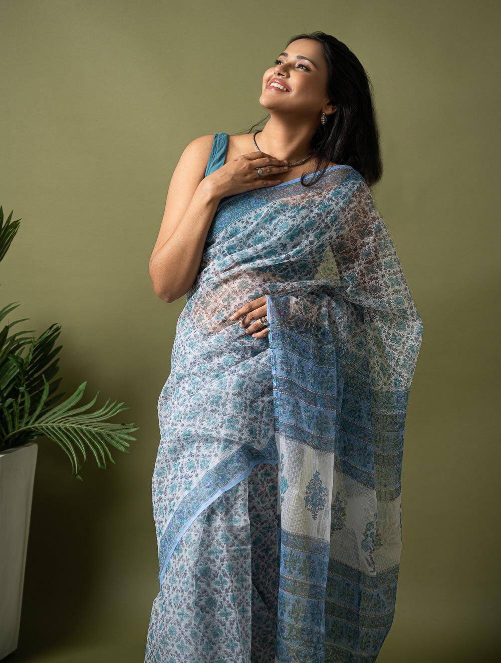 Light & Breezy. Sanganeri Hand Block Printed Kota Doria - Ice Blue Flora