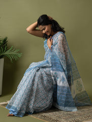 Light & Breezy. Sanganeri Hand Block Printed Kota Doria - Ice Blue Flora