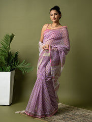 Light & Breezy. Sanganeri Hand Block Printed Kota Doria - Mauve Flora