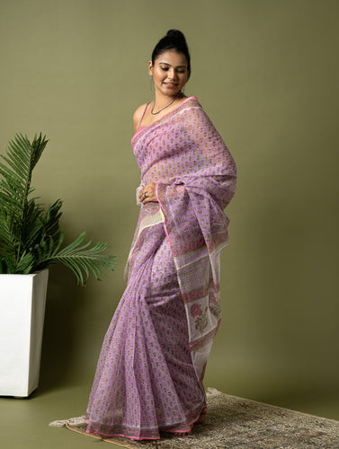 Light & Breezy. Sanganeri Hand Block Printed Kota Doria - Mauve Flora