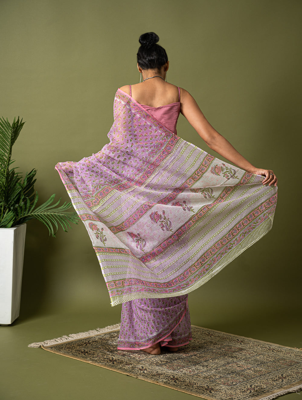 Light & Breezy. Sanganeri Hand Block Printed Kota Doria - Mauve Flora