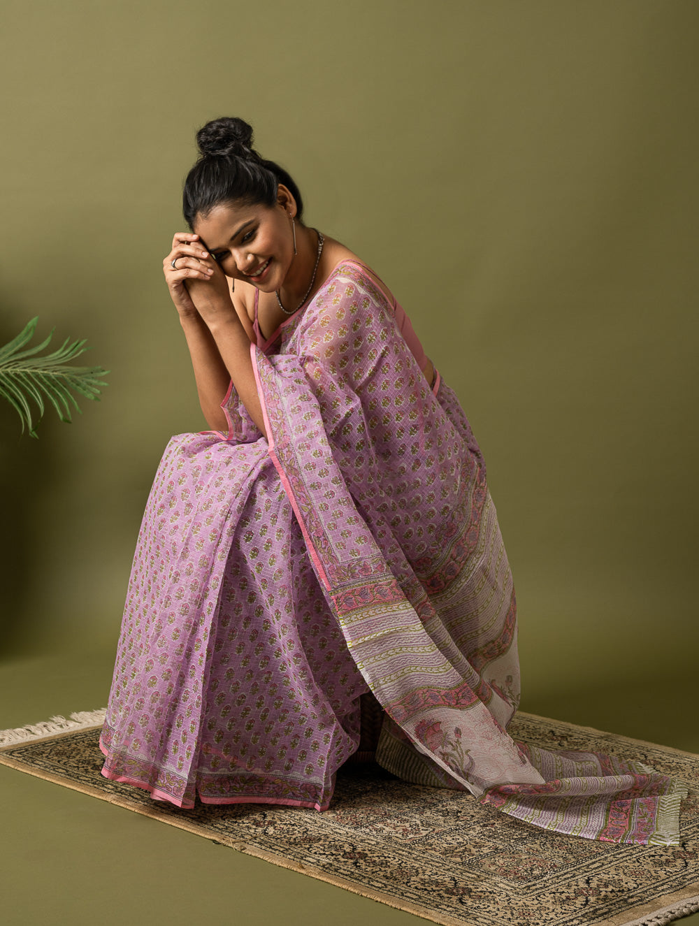 Light & Breezy. Sanganeri Hand Block Printed Kota Doria - Mauve Flora