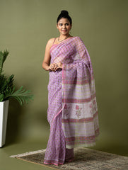 Light & Breezy. Sanganeri Hand Block Printed Kota Doria - Mauve Flora