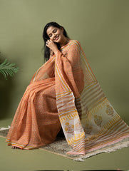Light & Breezy. Sanganeri Hand Block Printed Kota Doria - Peach Flora