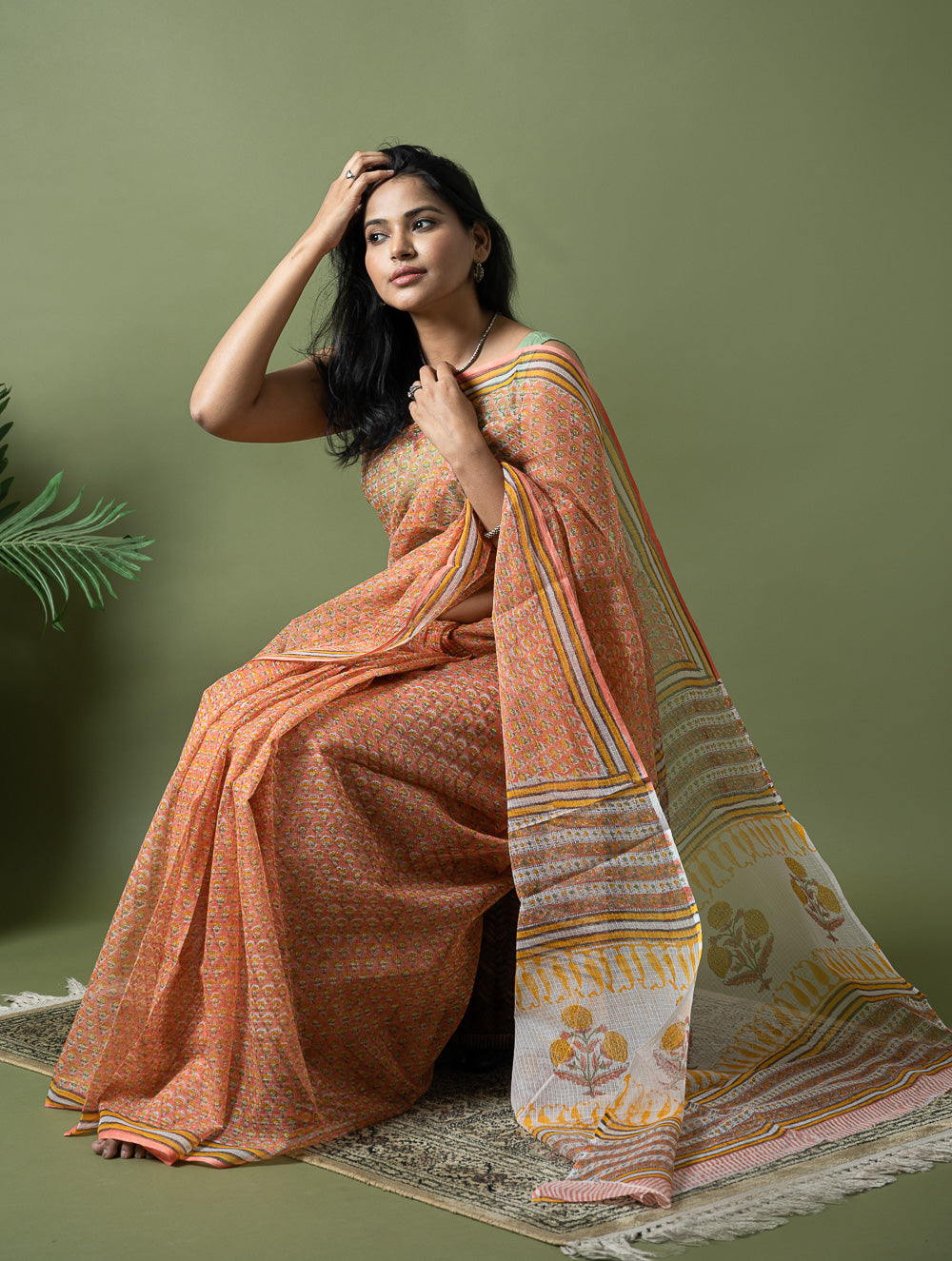 Light & Breezy. Sanganeri Hand Block Printed Kota Doria - Peach Flora
