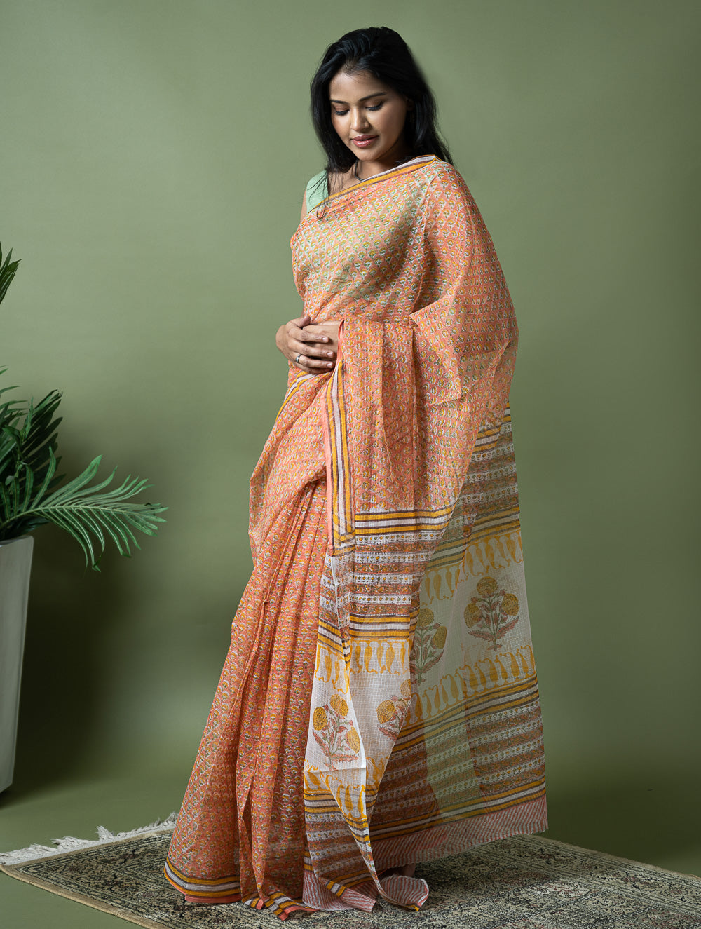 Light & Breezy. Sanganeri Hand Block Printed Kota Doria - Peach Flora