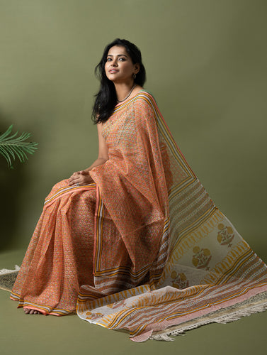 Light & Breezy. Sanganeri Hand Block Printed Kota Doria - Peach Flora