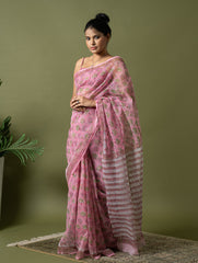 Light & Breezy. Sanganeri Hand Block Printed Kota Doria - Pink Flora