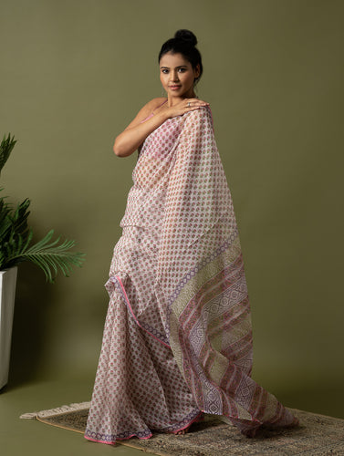 Light & Breezy. Sanganeri Hand Block Printed Kota Doria - Pink Florets