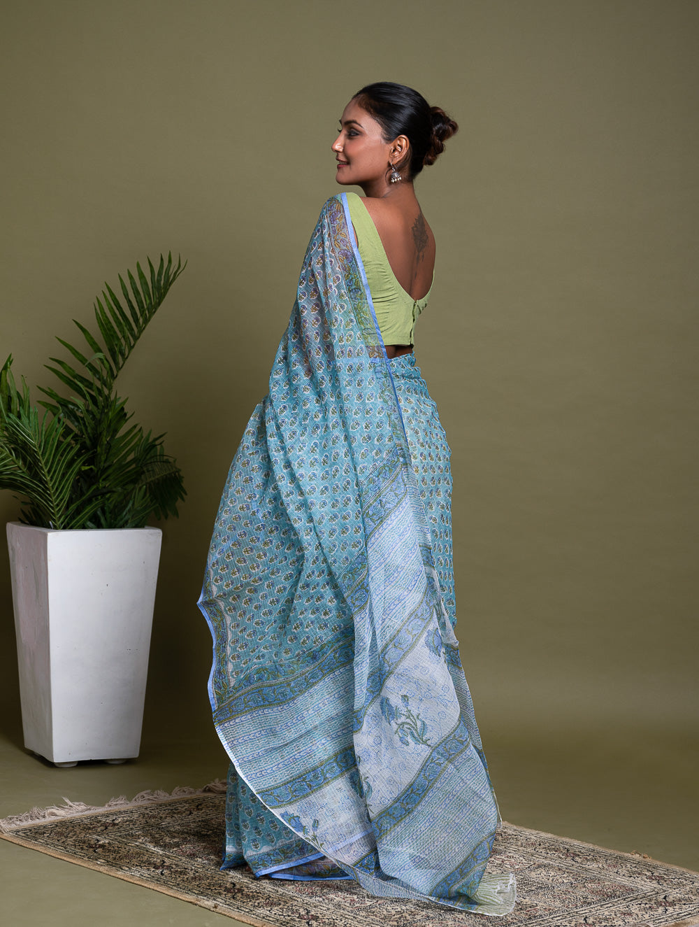 Light & Breezy. Sanganeri Hand Block Printed Kota Doria - Soft Blue Flora