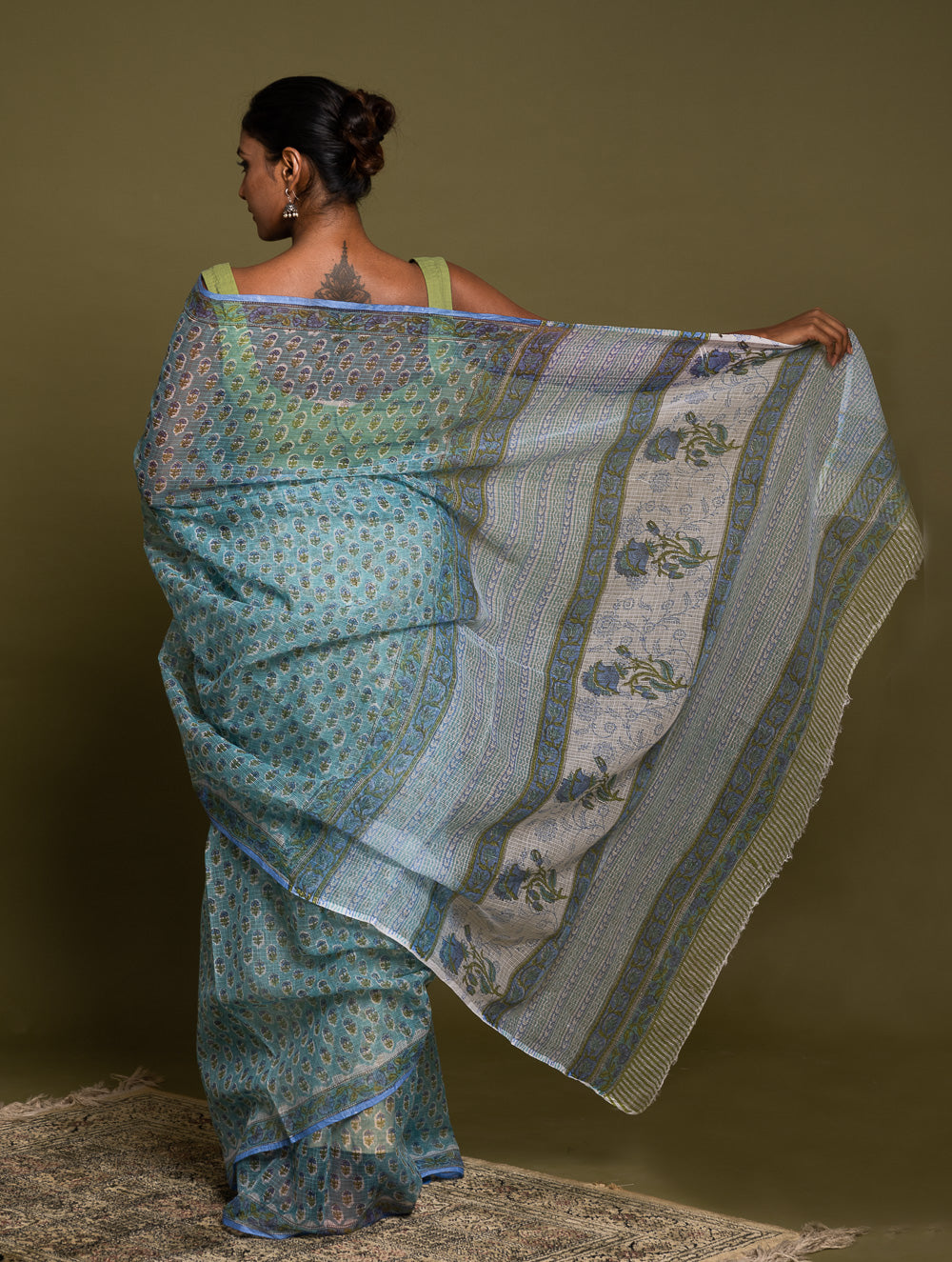 Light & Breezy. Sanganeri Hand Block Printed Kota Doria - Soft Blue Flora