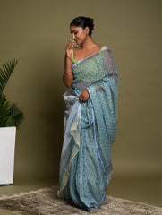 Light & Breezy. Sanganeri Hand Block Printed Kota Doria - Soft Blue Flora