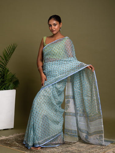 Light & Breezy. Sanganeri Hand Block Printed Kota Doria - Soft Blue Flora