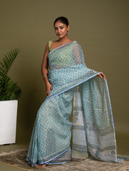 Light & Breezy. Sanganeri Hand Block Printed Kota Doria - Soft Blue Flora