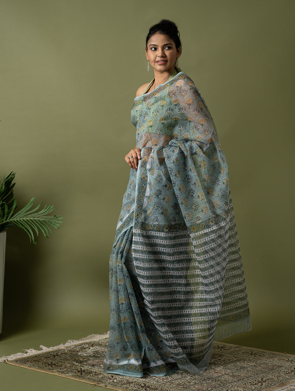 Light & Breezy. Sanganeri Hand Block Printed Kota Doria - Teal Flora