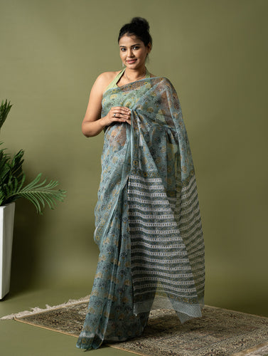 Light & Breezy. Sanganeri Hand Block Printed Kota Doria - Teal Flora