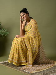 Light & Breezy. Sanganeri Hand Block Printed Kota Doria - Yellow Flora