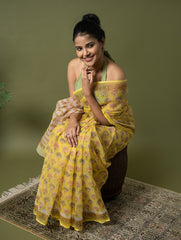 Light & Breezy. Sanganeri Hand Block Printed Kota Doria - Yellow Flora