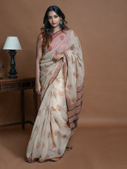 Light & Breezy Bagru Hand Block Printed Kota Doria Saree - Beige Ornate