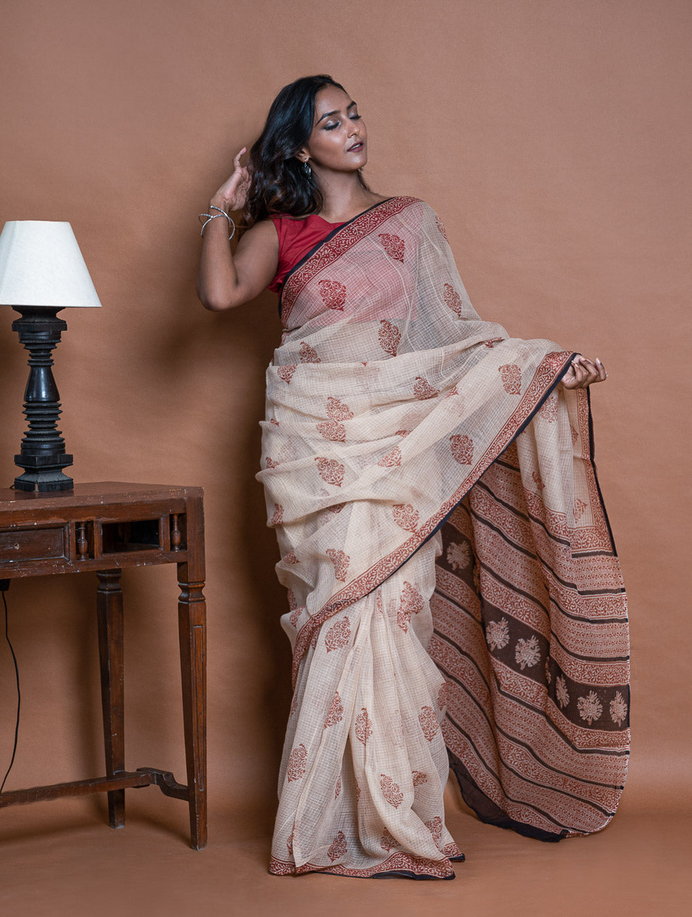 Light & Breezy Bagru Hand Block Printed Kota Doria Saree - Beige Ornate