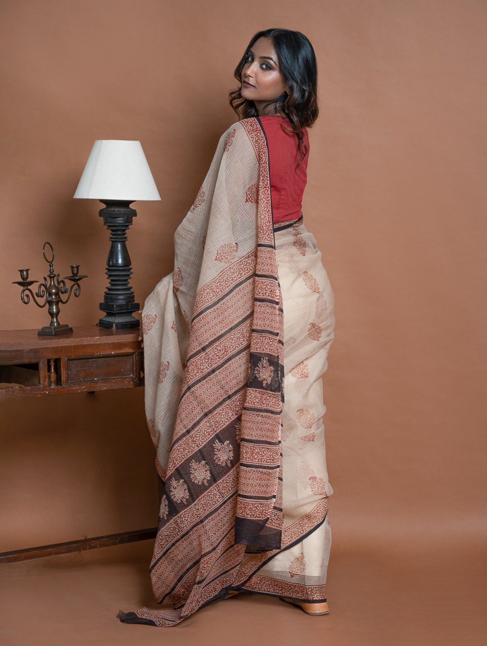 Light & Breezy Bagru Hand Block Printed Kota Doria Saree - Beige Ornate