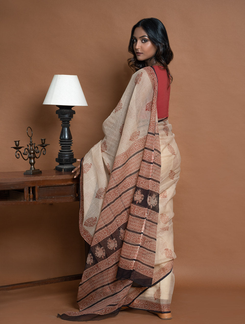 Light & Breezy Bagru Hand Block Printed Kota Doria Saree - Beige Ornate
