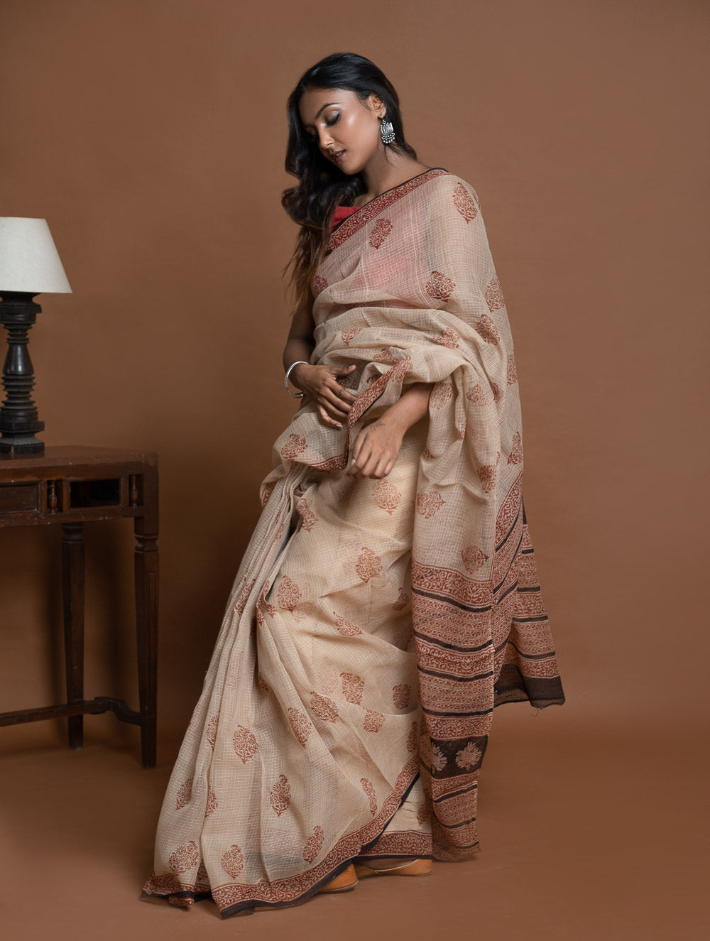 Light & Breezy Bagru Hand Block Printed Kota Doria Saree - Beige Ornate