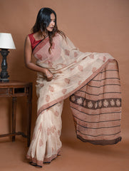 Light & Breezy Bagru Hand Block Printed Kota Doria Saree - Beige Ornate