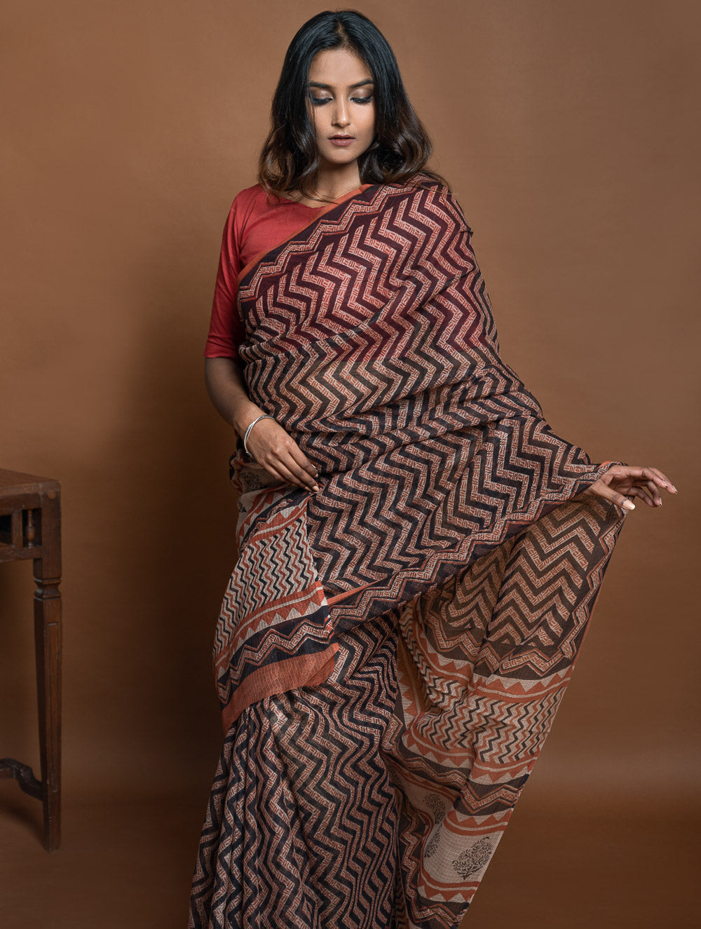 Light & Breezy Bagru Hand Block Printed Kota Doria Saree - Black Zigzags