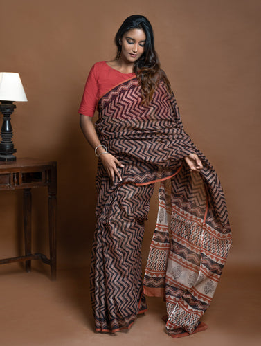Light & Breezy Bagru Hand Block Printed Kota Doria Saree - Black Zigzags