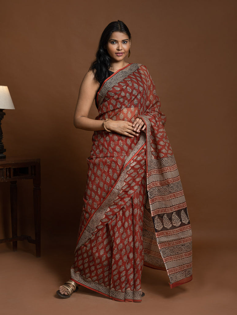 Light & Breezy Bagru Hand Block Printed Kota Doria Saree - Red Flora