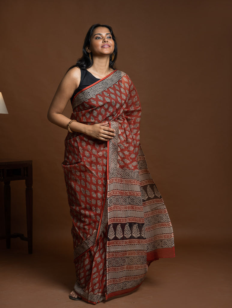 Light & Breezy Bagru Hand Block Printed Kota Doria Saree - Red Flora