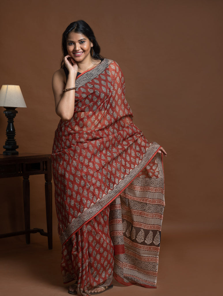 Light & Breezy Bagru Hand Block Printed Kota Doria Saree - Red Flora