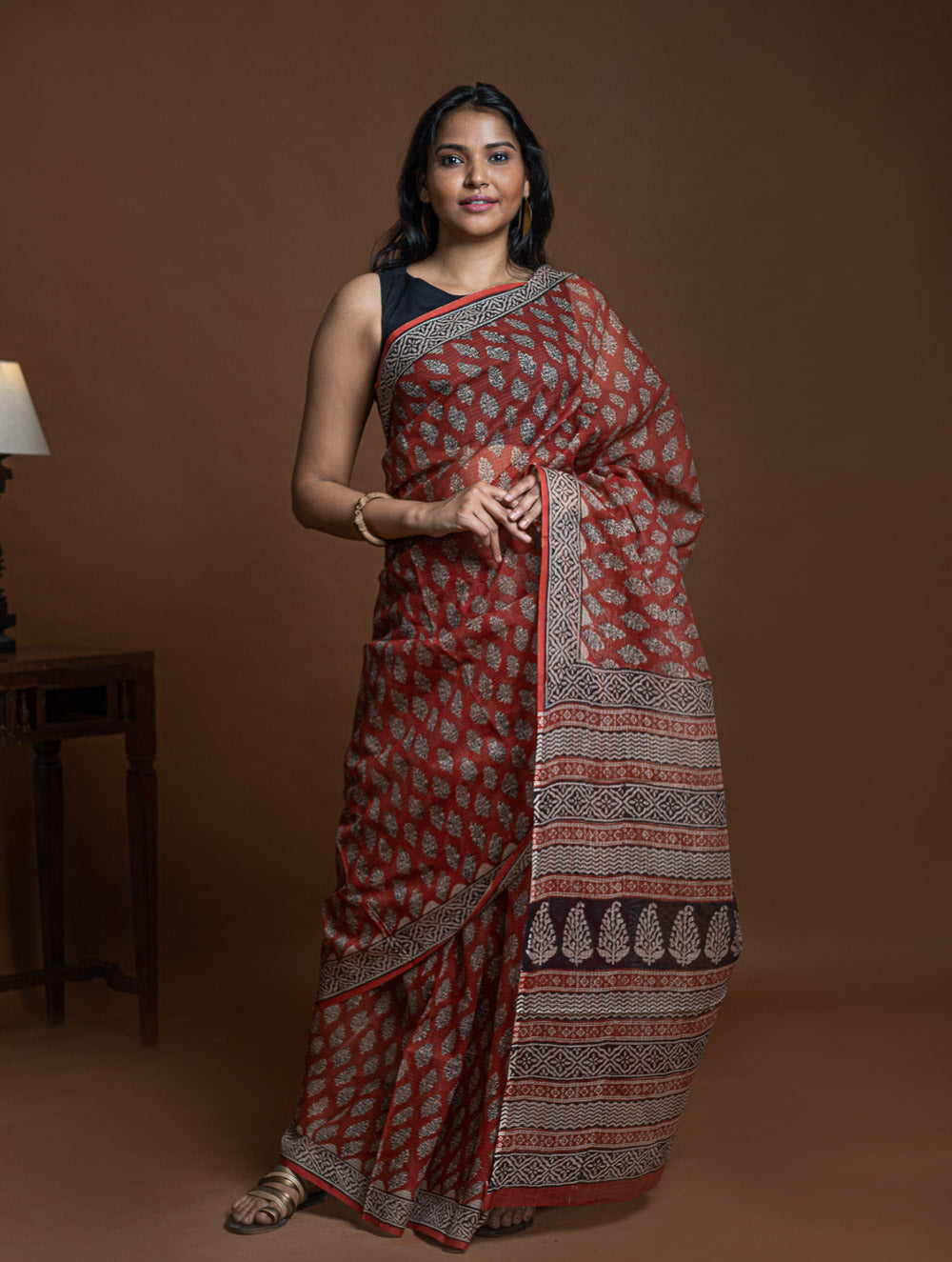 Load image into Gallery viewer, Light &amp; Breezy Bagru Hand Block Printed Kota Doria Saree - Red Flora