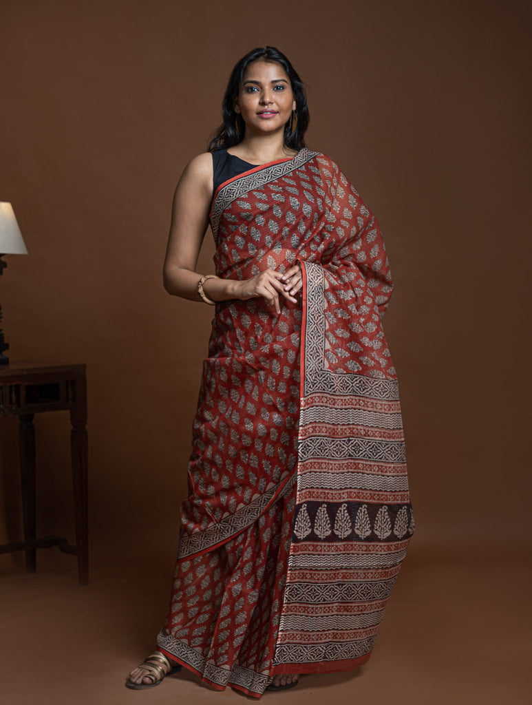 Light & Breezy Bagru Hand Block Printed Kota Doria Saree - Red Flora