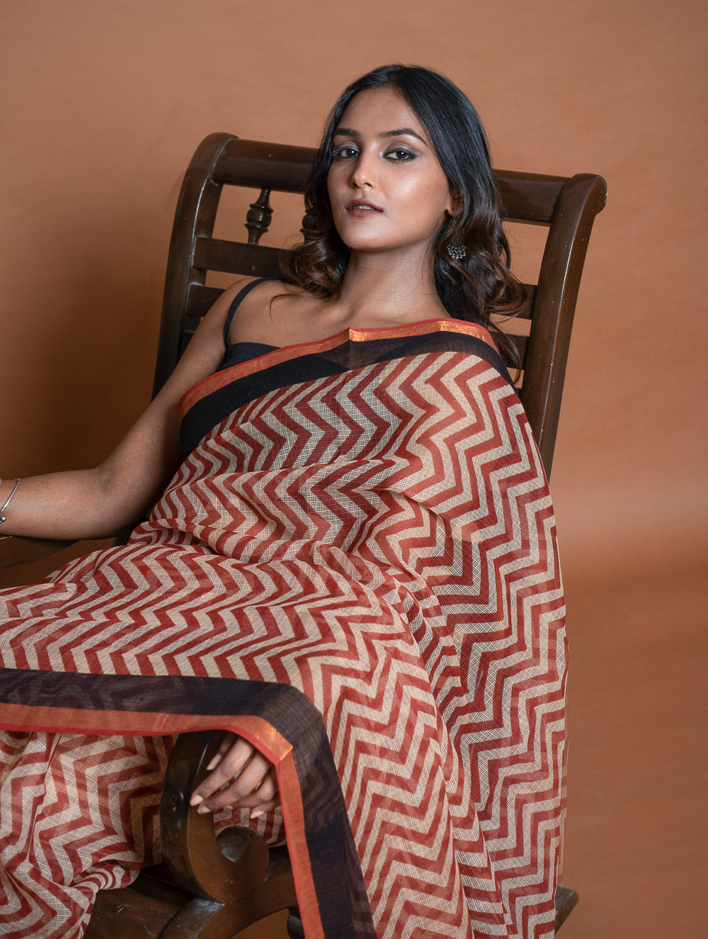 Light & Breezy Bagru Hand Block Printed Kota Doria Saree - Red Zigzags