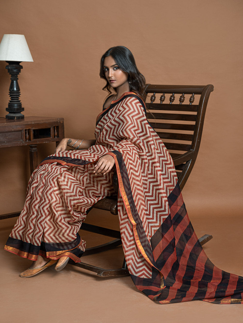 Light & Breezy Bagru Hand Block Printed Kota Doria Saree - Red Zigzags