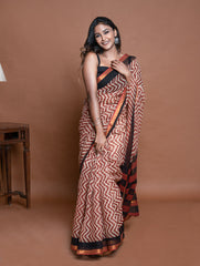 Light & Breezy Bagru Hand Block Printed Kota Doria Saree - Red Zigzags