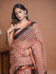 Light & Breezy Bagru Hand Block Printed Kota Doria Saree - Red Zigzags