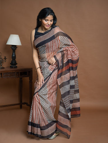 Light & Breezy Bagru Hand Block Printed Kota Doria Saree - Striped Elegance