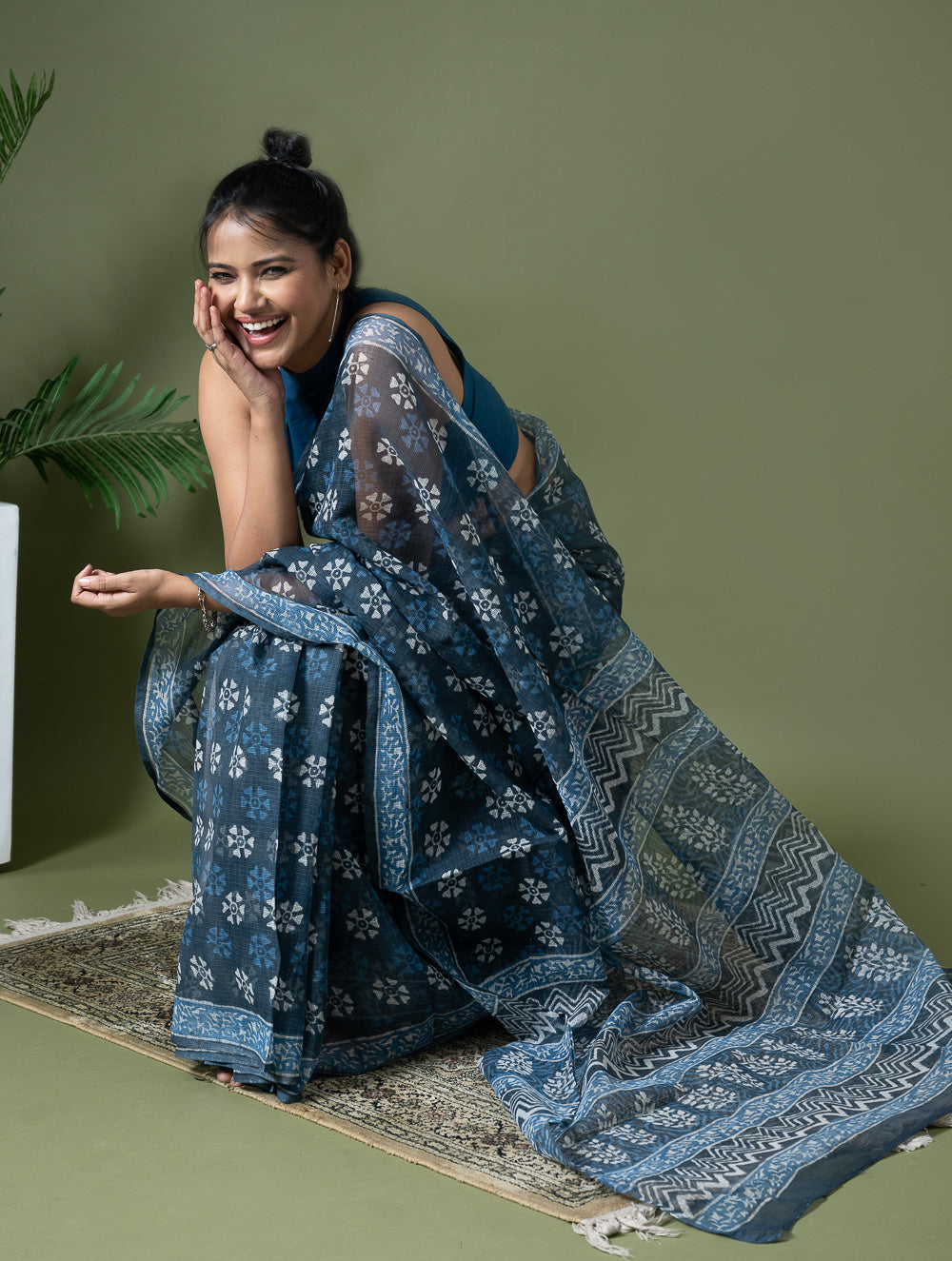 Light & Breezy Dabu Hand Block Printed Kota Doria - Blue Daisy