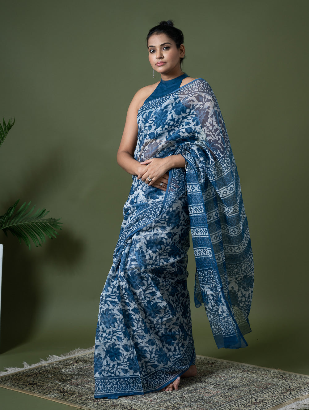 Light & Breezy Dabu Hand Block Printed Kota Doria - Blue Floral