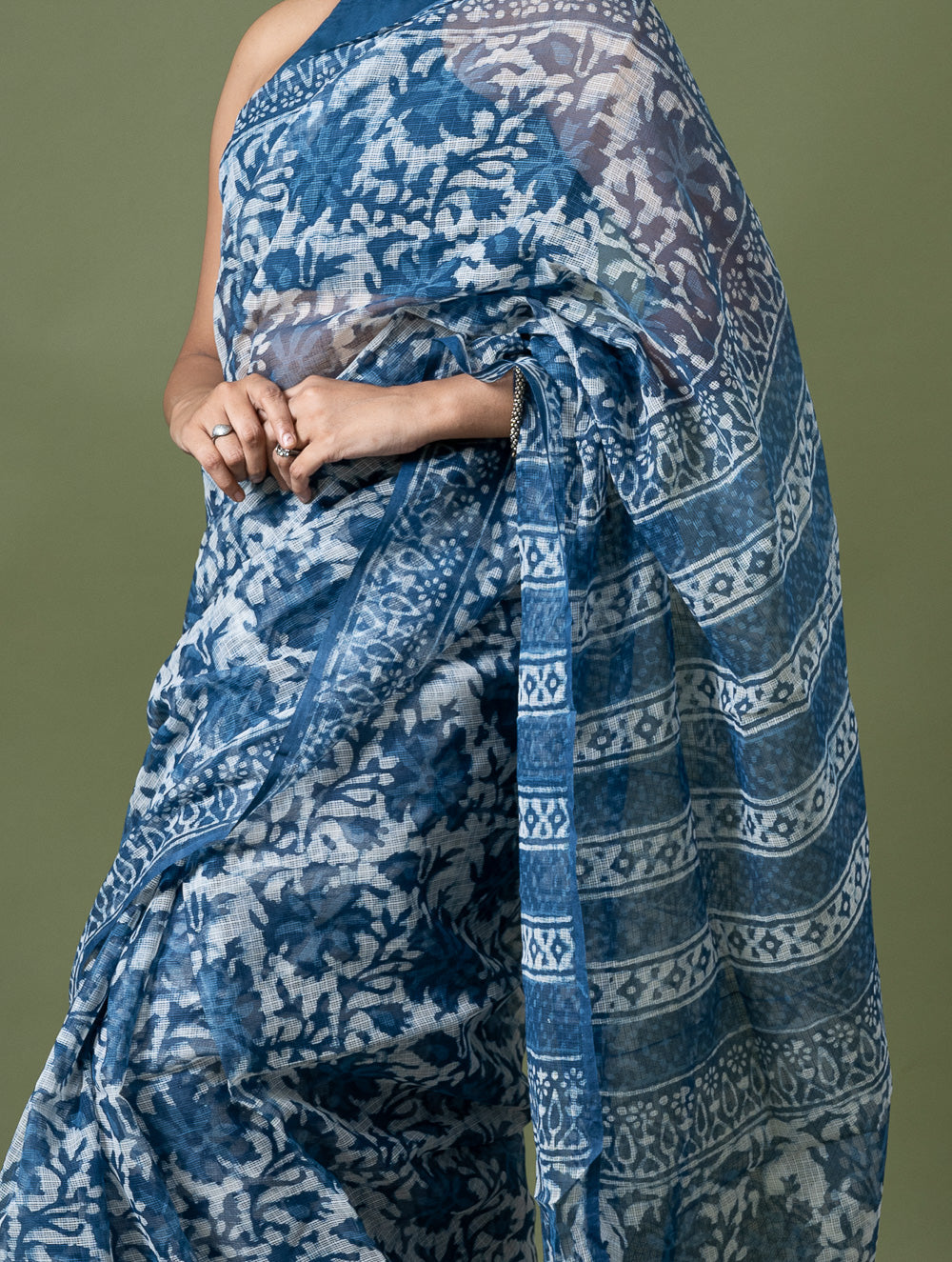 Light & Breezy Dabu Hand Block Printed Kota Doria - Blue Floral