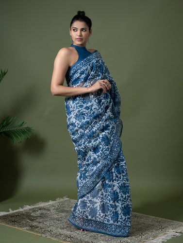 Light & Breezy Dabu Hand Block Printed Kota Doria - Blue Floral