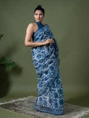 Light & Breezy Dabu Hand Block Printed Kota Doria - Blue Floral