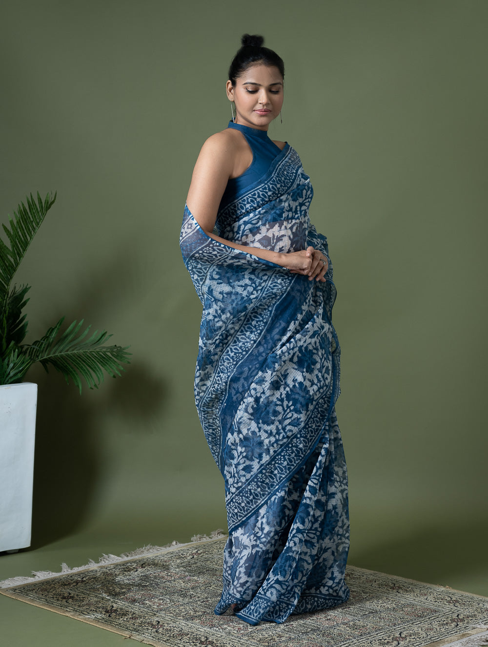 Light & Breezy Dabu Hand Block Printed Kota Doria - Blue Floral