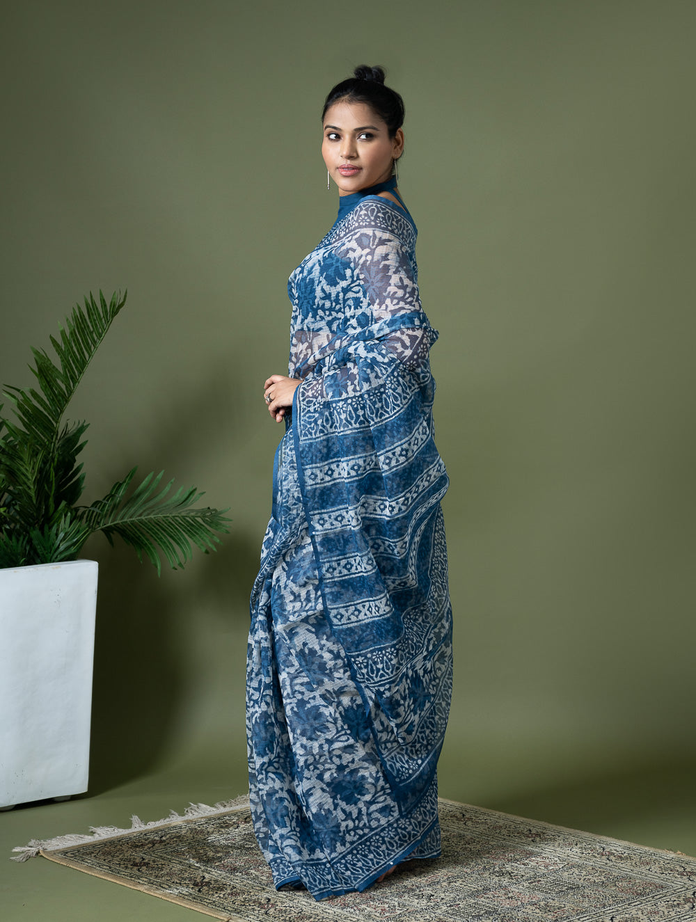 Light & Breezy Dabu Hand Block Printed Kota Doria - Blue Floral